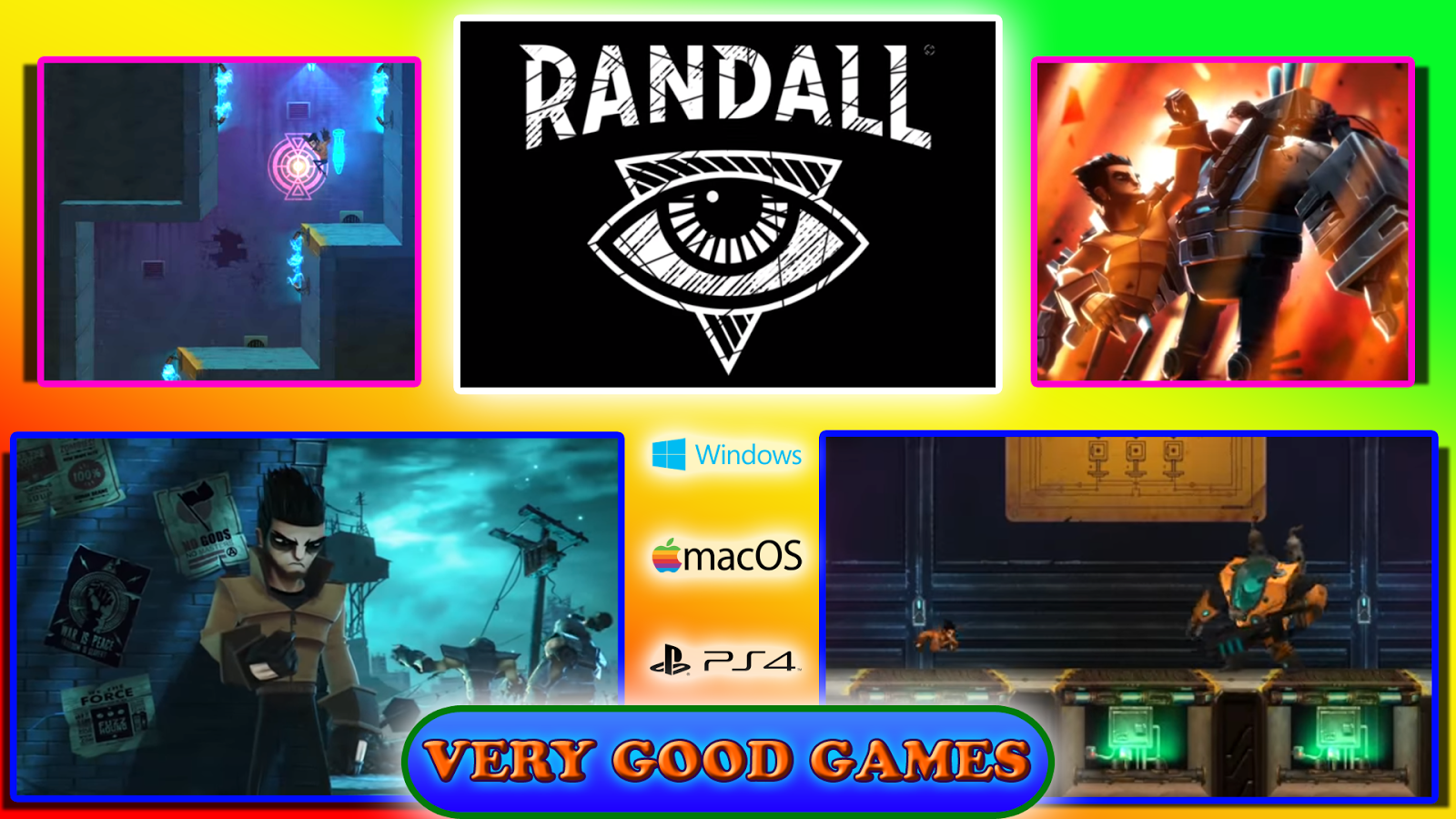 A banner with screenshots from Randall - an action game for PlayStation 4 game consoles, for Windows and Apple computers