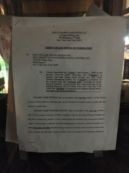 Ev Grieve Grand Sichuan Has Closed On St Mark S Place