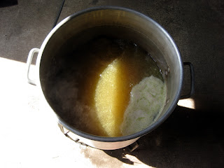 The wort boiling in my garage brewery.