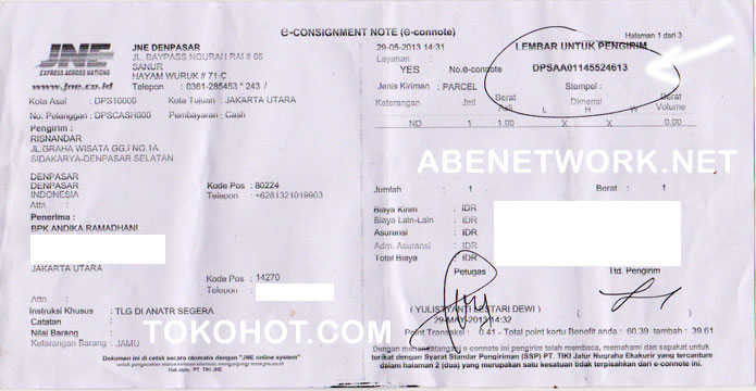nomor bukti resi pengiriman JNE dan Pos: via JNE kirim