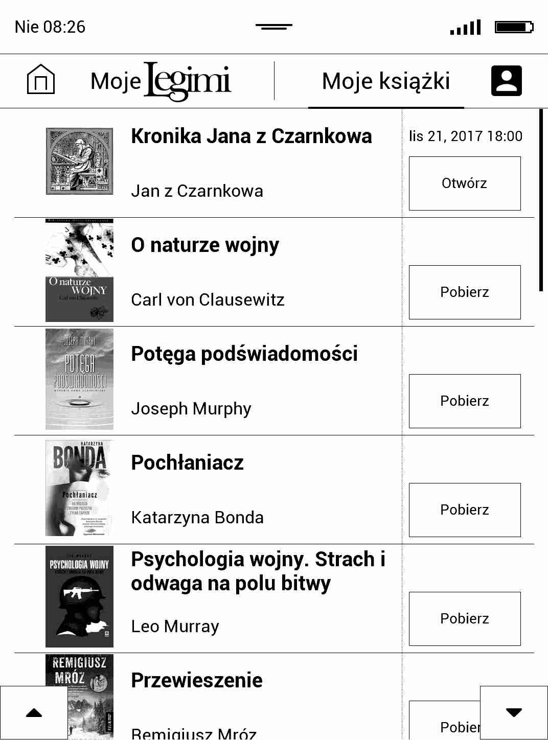 Lista e-booków dodanych do półki w aplikacji Legimi na czytniku PocketBook Touch HD 2