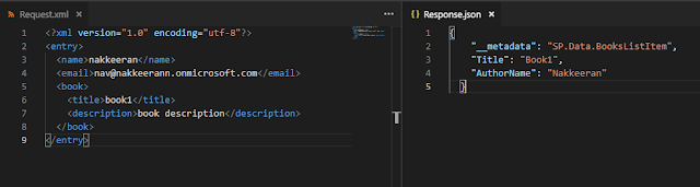 Data Representation between two systems. Left - XML data from HTTP service, and Right - JSON data compatible for SharePoint