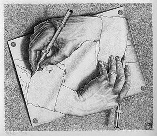 Desenhando Mãos, litografia de Maurits Cornelis Escher. #PraCegoVer