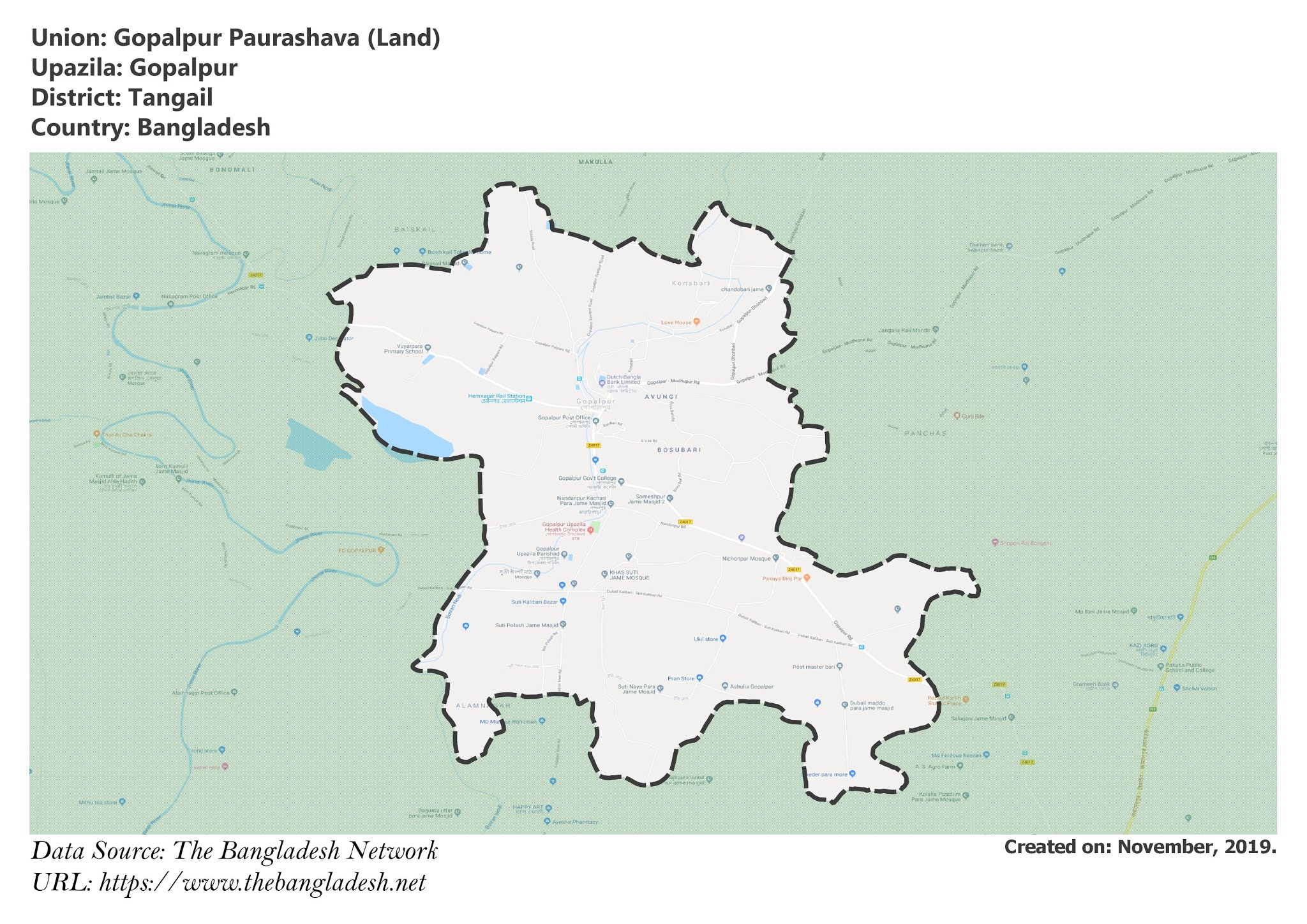 Map of Gopalpur Paurashava of Tangail, Bangladesh.