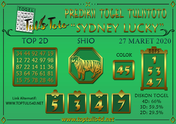Prediksi Togel SYDNEY LUCKY TODAY TULISTOTO 27 MARET 2020