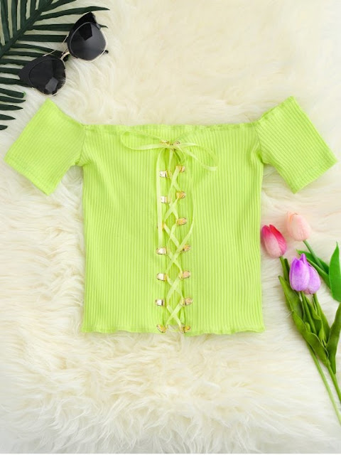 Lace Up Off The Shoulder Cropped Top - Yellow Green