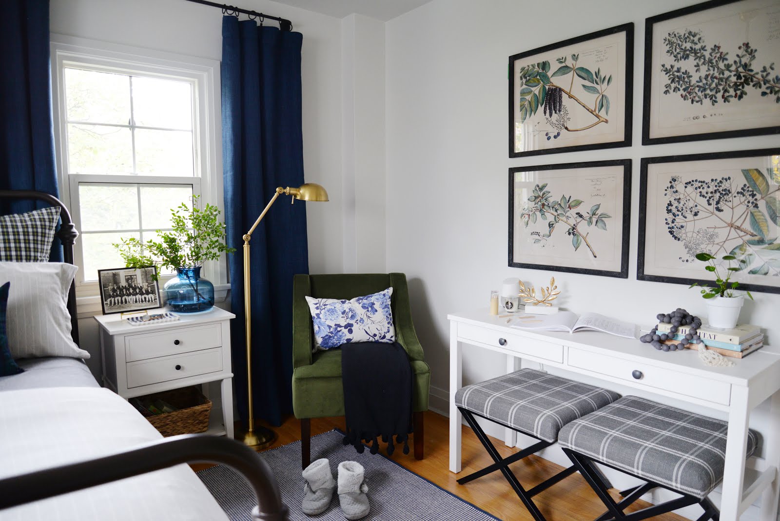 gust bedroom layout, bedroom desk, botanical prints