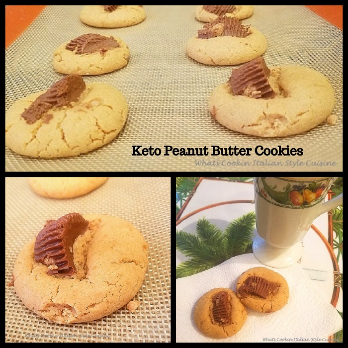 these keto baked peanut butter cookies are made with sugar free sweetener, sugar free peanut butter cups on top, sugar free peanut butter an egg baked on a silipat mat 