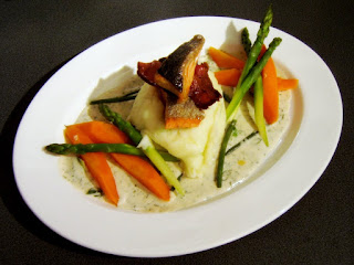Pan-fried Alaskan Salmon with Vegetables and a Cream Dill Sauce
