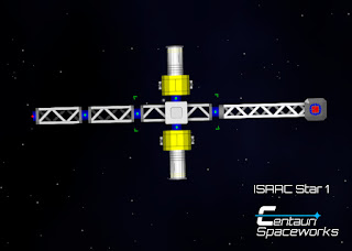 the ISAAC Star: a long beam with two telescopes in the middle and a nuclear reactor on one end