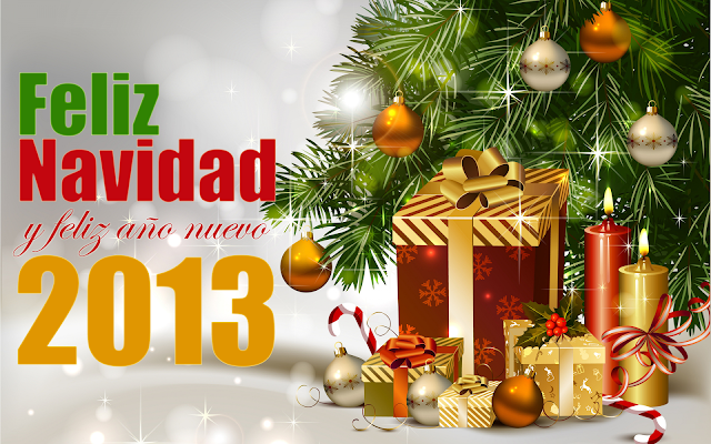 Arbo con regalos navideños Feliz Navidad y Prospero Año nuevo 2013 