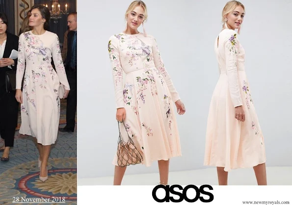 Queen Letizia wore ASOS DESIGN tall midi dress with pretty floral and bird embroidery