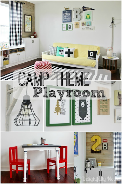 Fun Kid's Camp Theme Playroom With Wonderful Pops of Color! Includes Tons of DIY Projects and "Before" and "Afters" on How This Room Went From an Uninspiring No-Storage Office To a Cute Organized Playroom