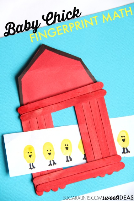 Farm themed math addition activity with baby chick fingerprint art