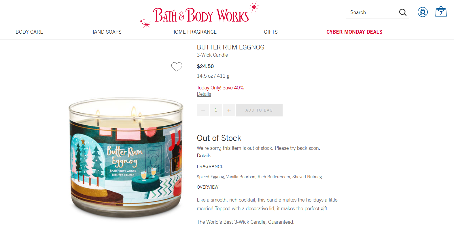 Bath & Body Works 3 Wick Butter Rum Eggnog Candle