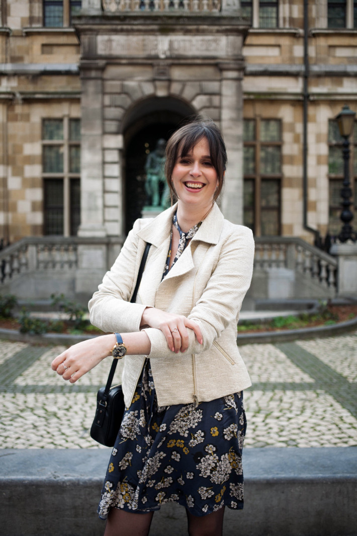 Outfit white biker jacket, floral dress THE STYLING DUTCHMAN.