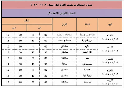 جدول امتحانات دمياط 2018 نصف العام الصف الاول الاعدادي جدول امتحانات دمياط 2018 نصف العام الصف الاول الاعدادي