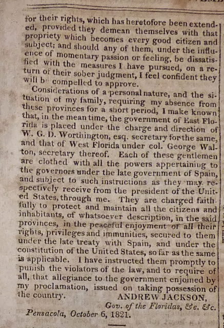 Governor Andrew Jackson, addresses the people of Florida Proclamation, October 6, 1821, from pages 171-173, Niles' Weekly Register, No. 11, Vol. IX, Baltimore, November 10, 1821, Printed and Published by H. Niles, at $5.00 per Annum in Advance. - http://www.andrewjackson.org/