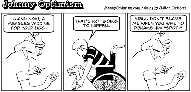 johnny optimism, medical, humor, sick, jokes, boy, wheelchair, doctors, hospital, stilton jarlsberg, nurse, syringe, shot, measles, vaccine, dog, lance, spot