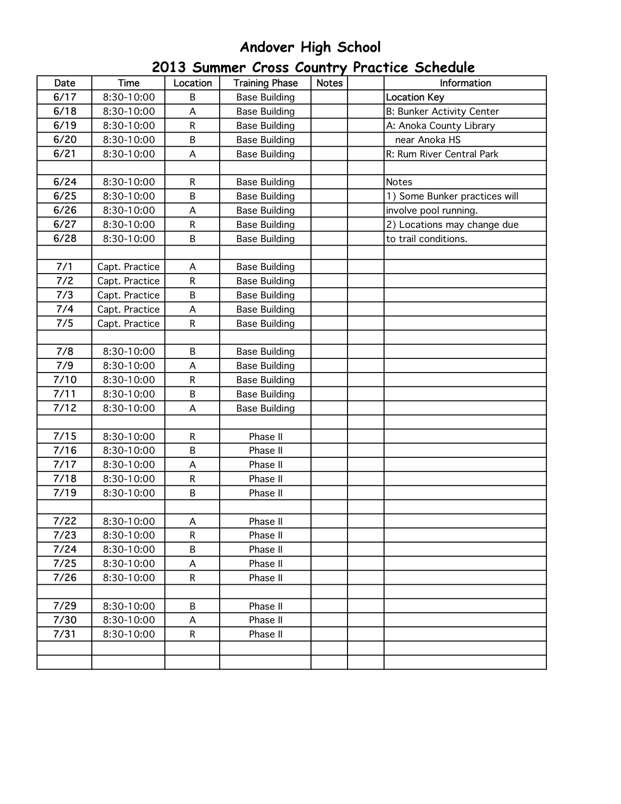 Andover Cross Country Summer Running Camp Info