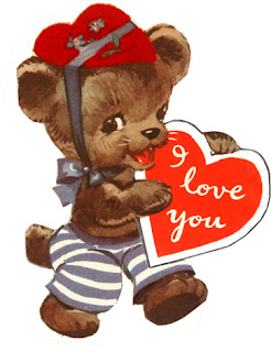 Clipart image of a vintage Valentine with a teddy bear holding a heart