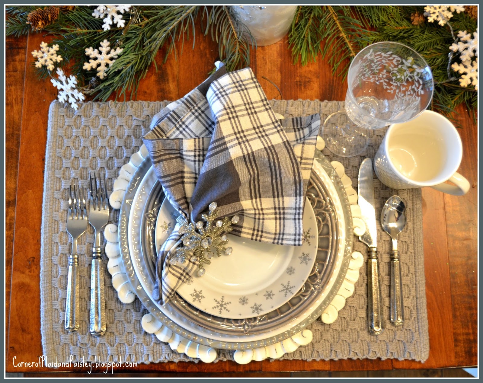 Winter Snowflake Tablescape - Corner of Plaid and Paisley