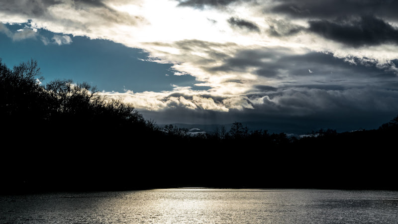 Sunset, Clouds, Lake, Forest and Mountains