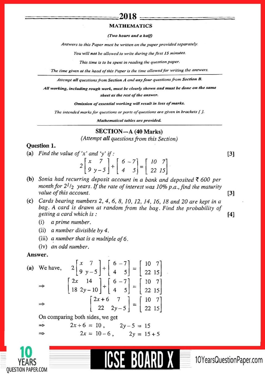 2018 Maths Class 10 ICSE board Question Paper ICSE Maths Solved Question Paper 2018