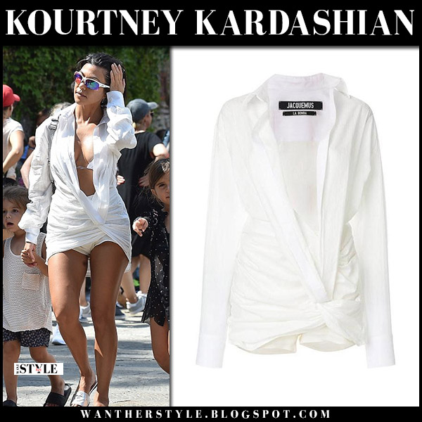 Kourtney Kardashian in white mini shirt dress in Portofino on July 7