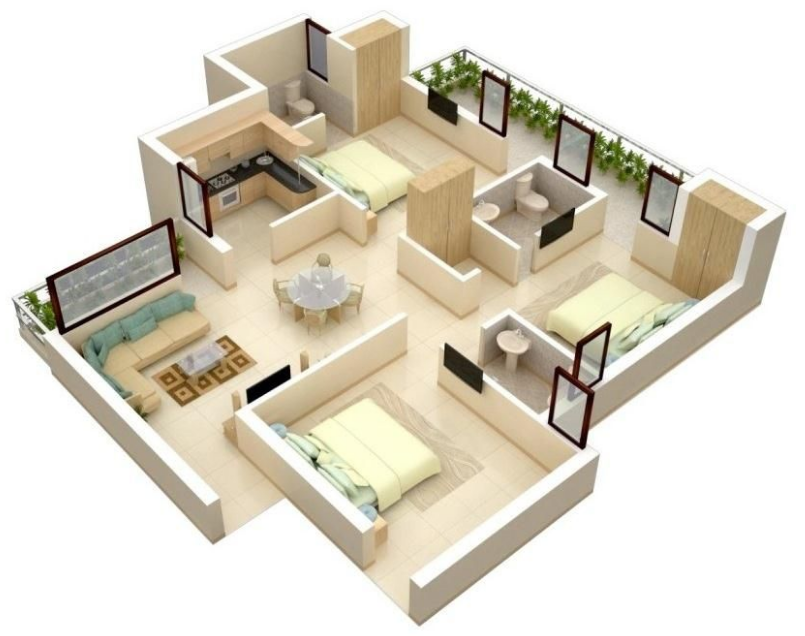 Denah Rumah Minimalis 3 Kamar Tidur 3D Denah Rumah Minimalis 3 Kamar Tidur 3D