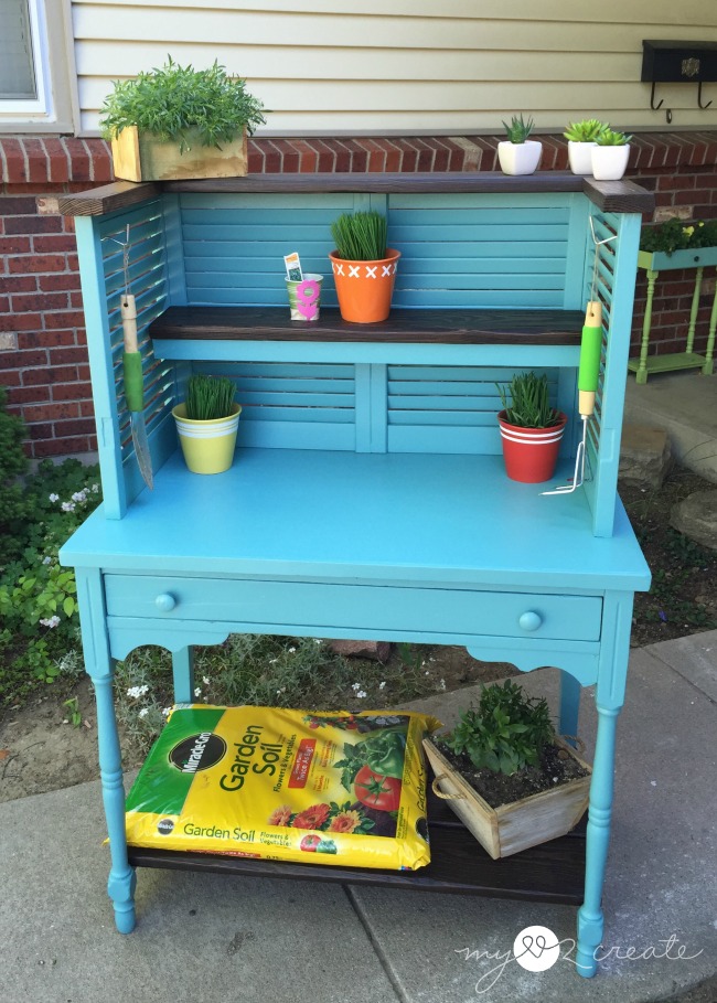 Potting Bench From Repurposed shutters and Desk, MyLove2Create