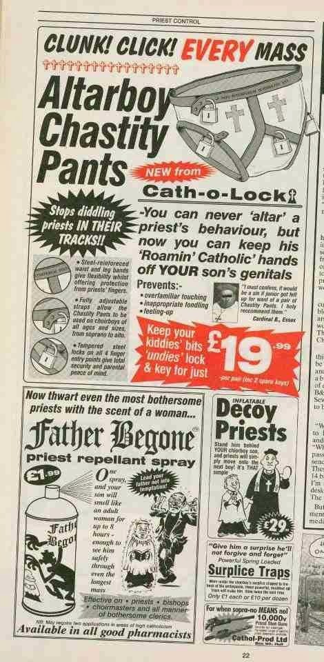 Funny Catholic Priest Control Adverts Joke Picture - Altarboy Chastity Pants - Father Begone spray