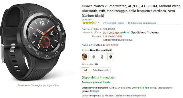 Promozione Amazon: Huawei Watch 2 4G in offerta a 249 euro