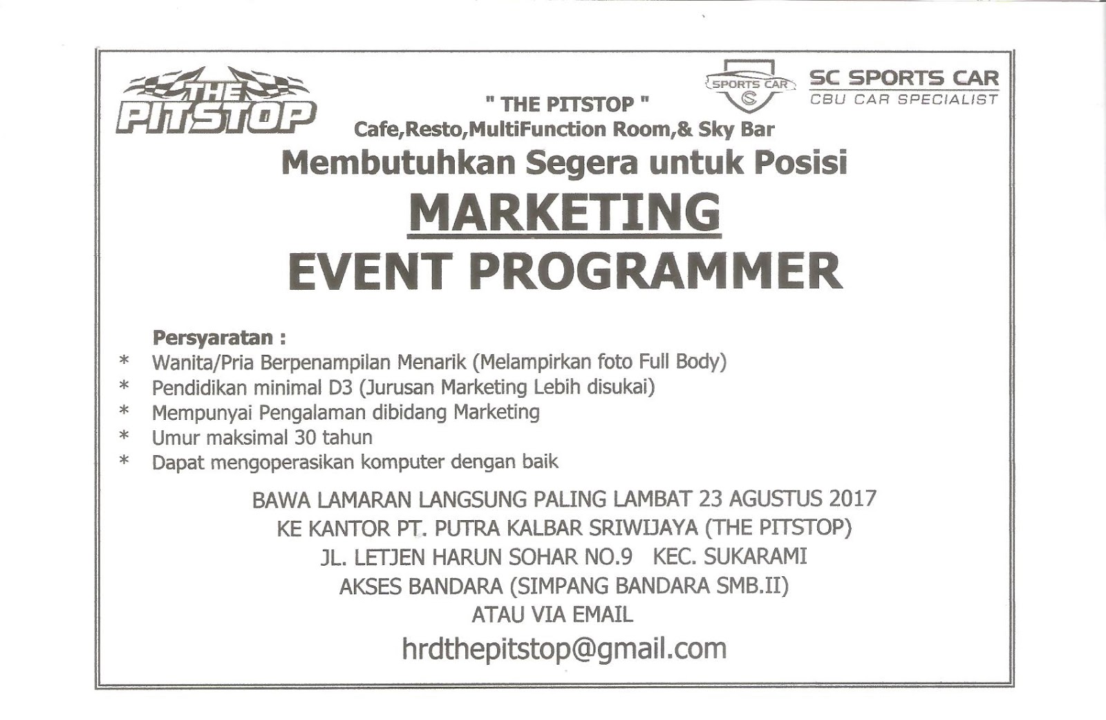 Lowongan Kerja Marketing PT Putra Kalbar Sriwijaya (THE PITSTOP) 