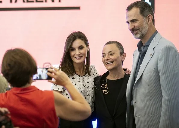 Queen Letizia wore Carolina Herrera floral print silk blouse for Girona Foundation's meeting at Malavella Hotel Camira in Girona