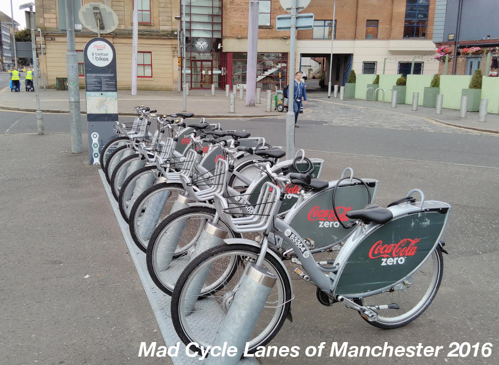 Mad Cycle Lanes of Manchester Belfast Hire Bikes & Bollards
