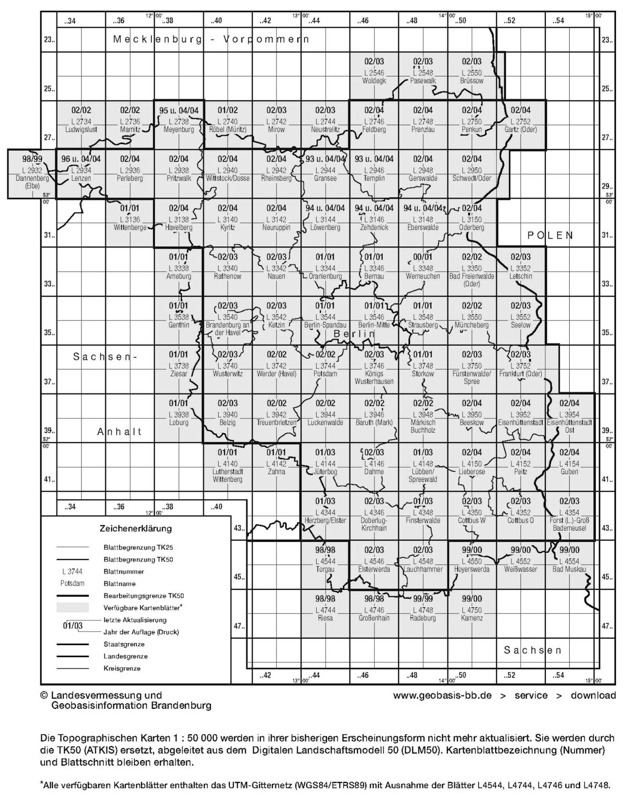 Topographische Landkarte Brandenburg 1:50.000 (ATKIS) | Blattschnitte Index Topographische Landkarte Brandenburg 1:50.000 (ATKIS) | Blattschnitte Index