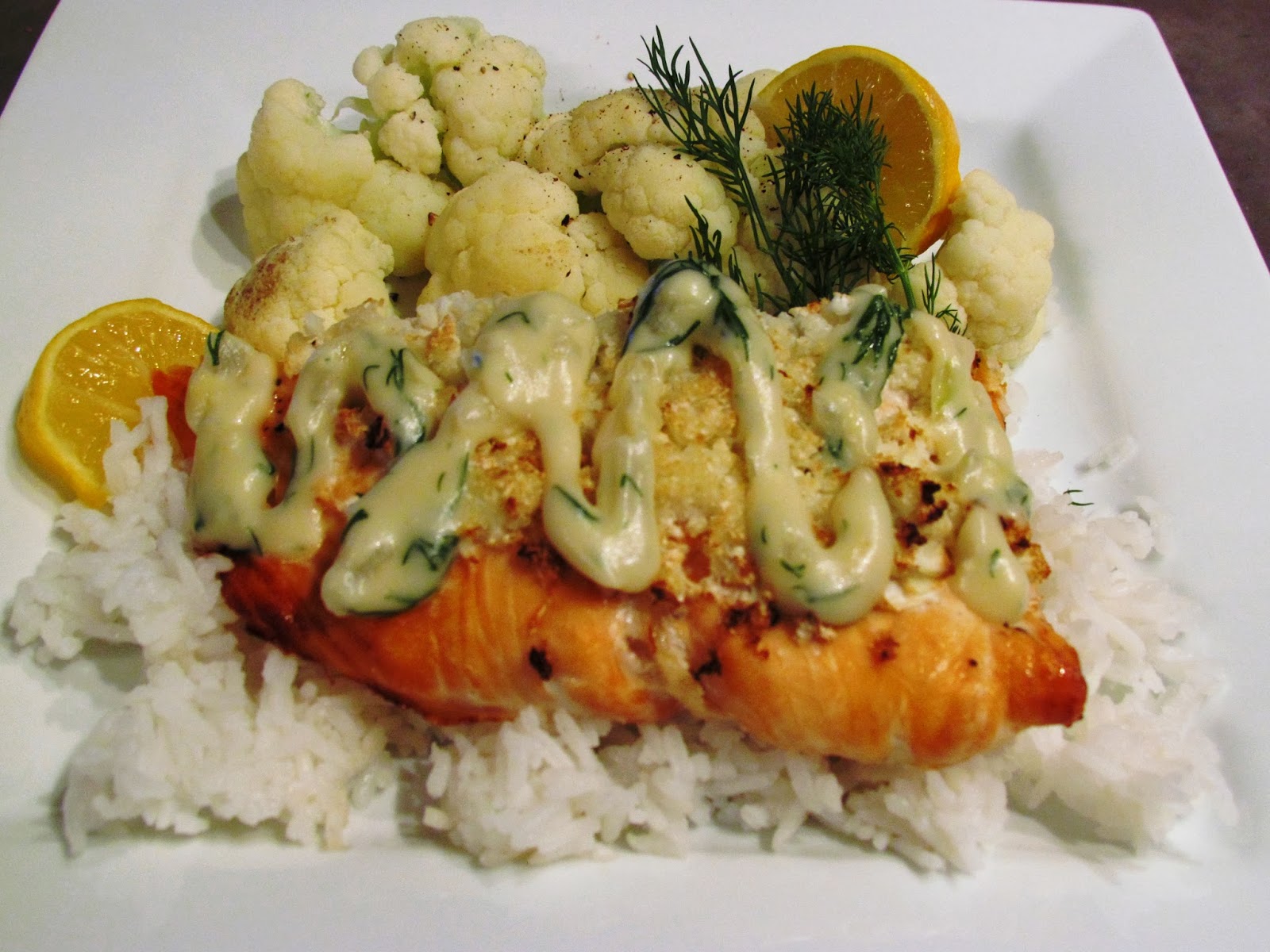 a second glance. Baked salmon with cauliflower 'crumbs' and mustard