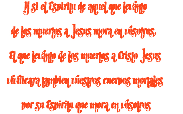Y si el Espíritu de aquel que levantó de los muertos a Jesús mora en vosotros, El que levantó de los muertos a Cristo Jesús vivificará también vuestros cuerpos mortales por su Espíritu que mora en vosotros Y si el Espíritu de aquel que levantó de los muertos a Jesús mora en vosotros, El que levantó de los muertos a Cristo Jesús vivificará también vuestros cuerpos mortales por su Espíritu que mora en vosotros