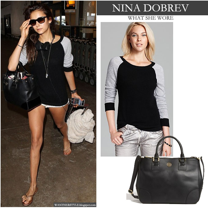 WHAT SHE WORE: Nina Dobrev in black and grey baseball sweater at LAX airport  on September 7 ~ I want her style - What celebrities wore and where to buy  it. Celebrity Style