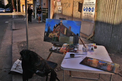 Plein air oil painting of the renovation of the Terminus Hotel corner of John and Harris Street Pyrmont painted by industrial heritage artist Jane Bennett