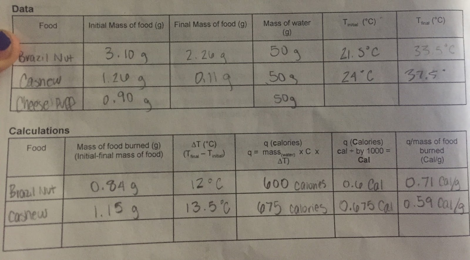 Amelia's CTD Chemistry Honors Laboratory Blog Lab 17 Calories in Food