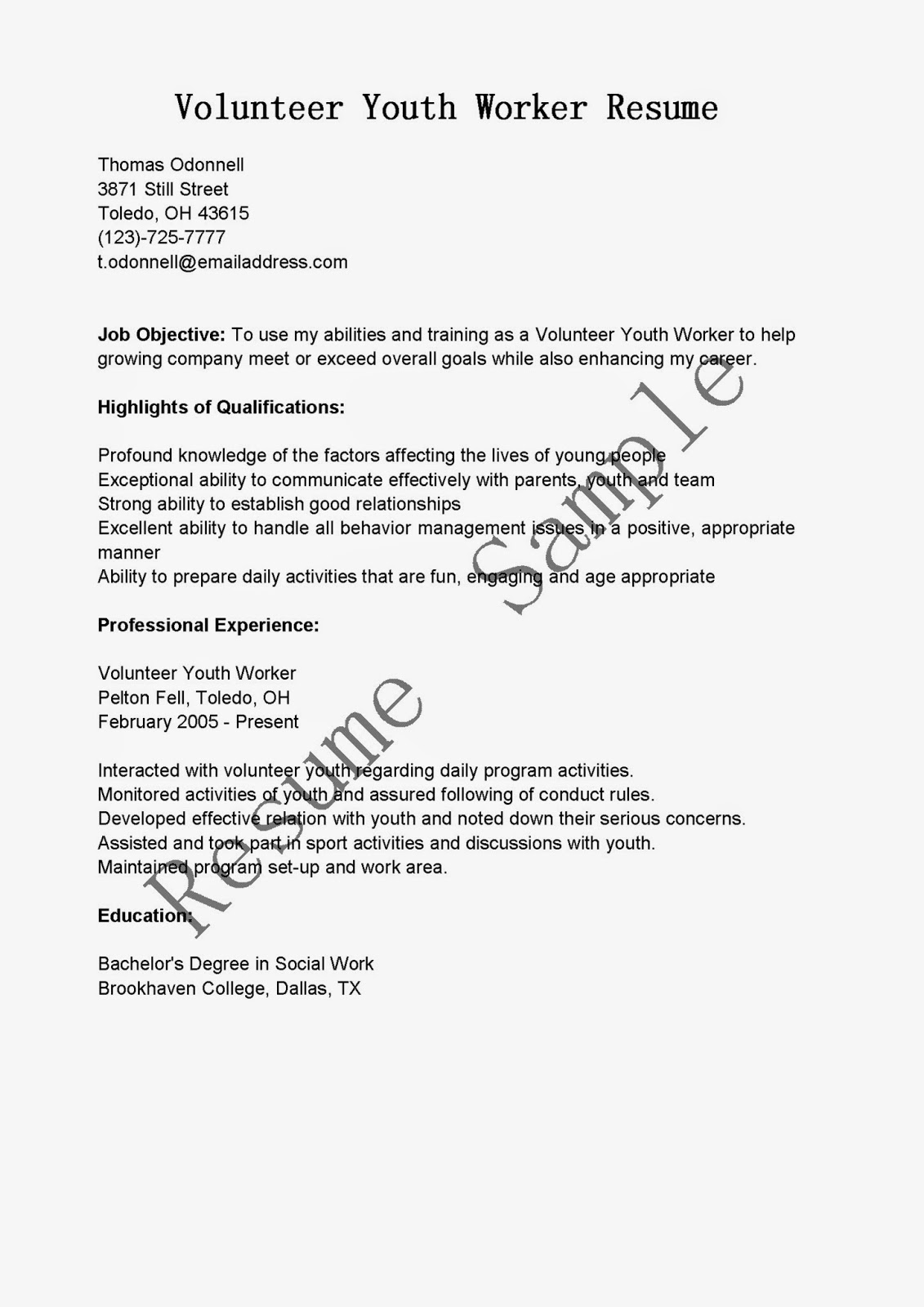 Resume Samples: Volunteer Youth Worker Resume Sample