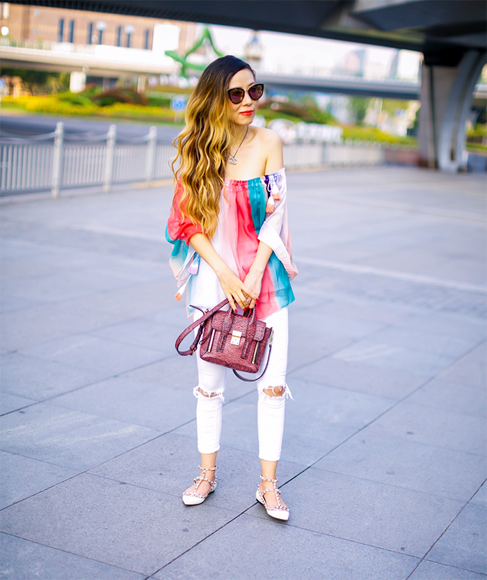 off shoulder rainbow tassel top, chanel necklace, quay sunglasses, asos white jeans, valentino rock studs flats, valentino rock studs balarrina, valentino rock studs, 31phillip lim mini pashli, street style in Shanghai, shanghai pudong IFC, Shanghai PuDong LuJiaZui
