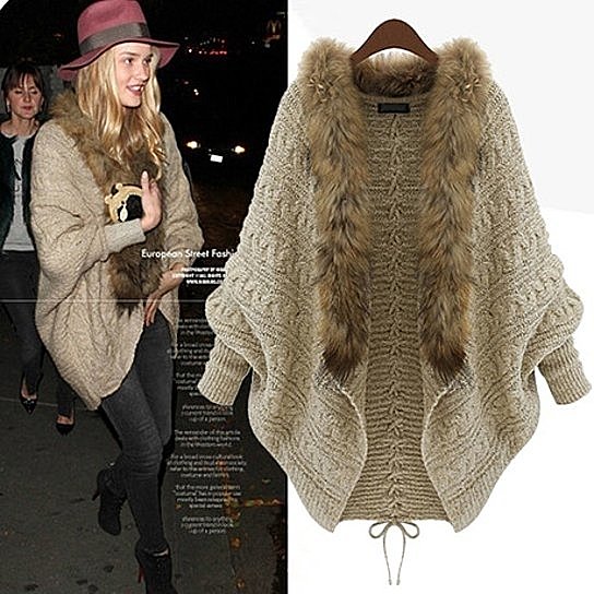Women's Girls Batwing Knitted Sweater Faux Fur Collar Cardigan Coat