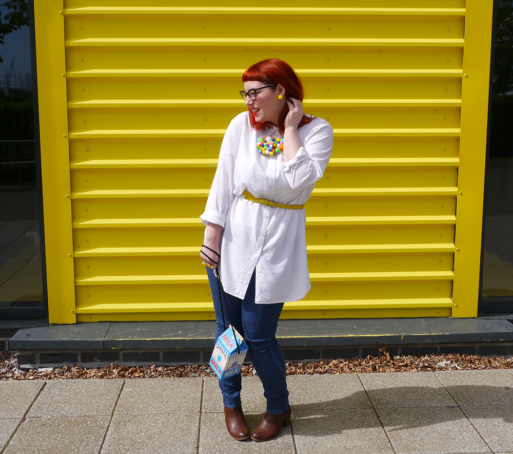 Colourful DIY pom pom necklace and matching earrings Style dby Helen, Scottish Blogger, red hair, ginger style, cat eye glasses, Dundee blogger, Dundee style, Monki shirt, simple white shirt, blue jeans style, topshop jean, yellow belt. skinny belt, belted shirt, milk bag, novelty bag, Skinnydip London bag, Zara brown boots, brown boots, chelsea boots, pom pom necklace, statement necklace, DIY necklace, handmade style, colourful style, colourful outfit, colourful street style, bright ootd, bonnie bling, bonnie bling name ring, yellow ring