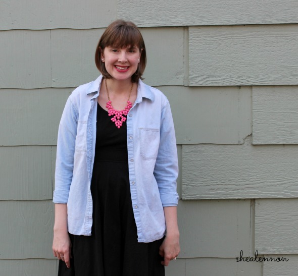 LBD, chambray shirt, bright pink necklace