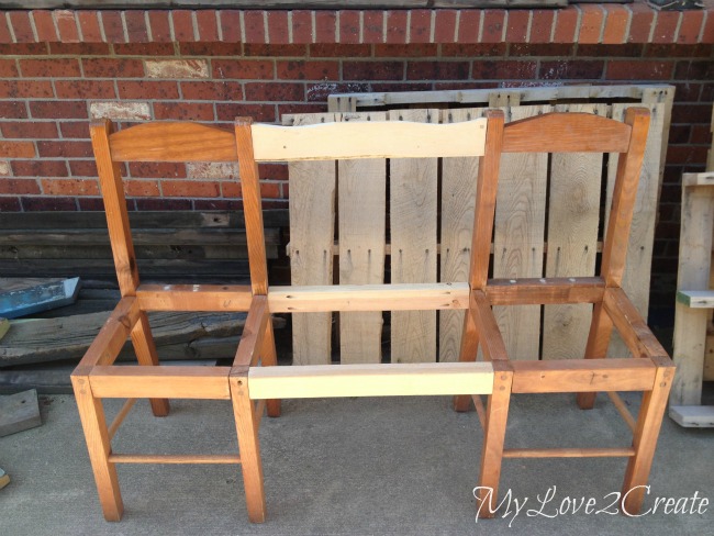 using wood to attach two chairs to make a bench
