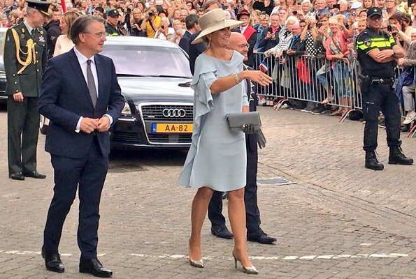 Dutch Queen Maxima wore a NATAN branded silk dress again which is her favorite brand and Gianvito Rossi Metallic Leather Plexi Stripe Pumps