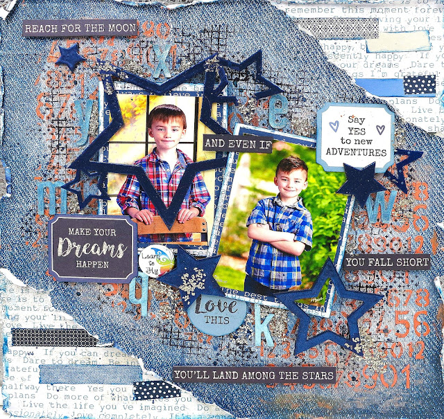 Scraps of Darkness scrapbook kits: masculine school pictures layout with our April 2017 kit, by Kathy Mosher